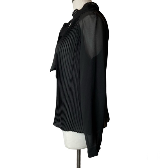 WHOWHATWEAR Sheer Accordion Pleat Tie Neck Blouse - Picture 5 of 16